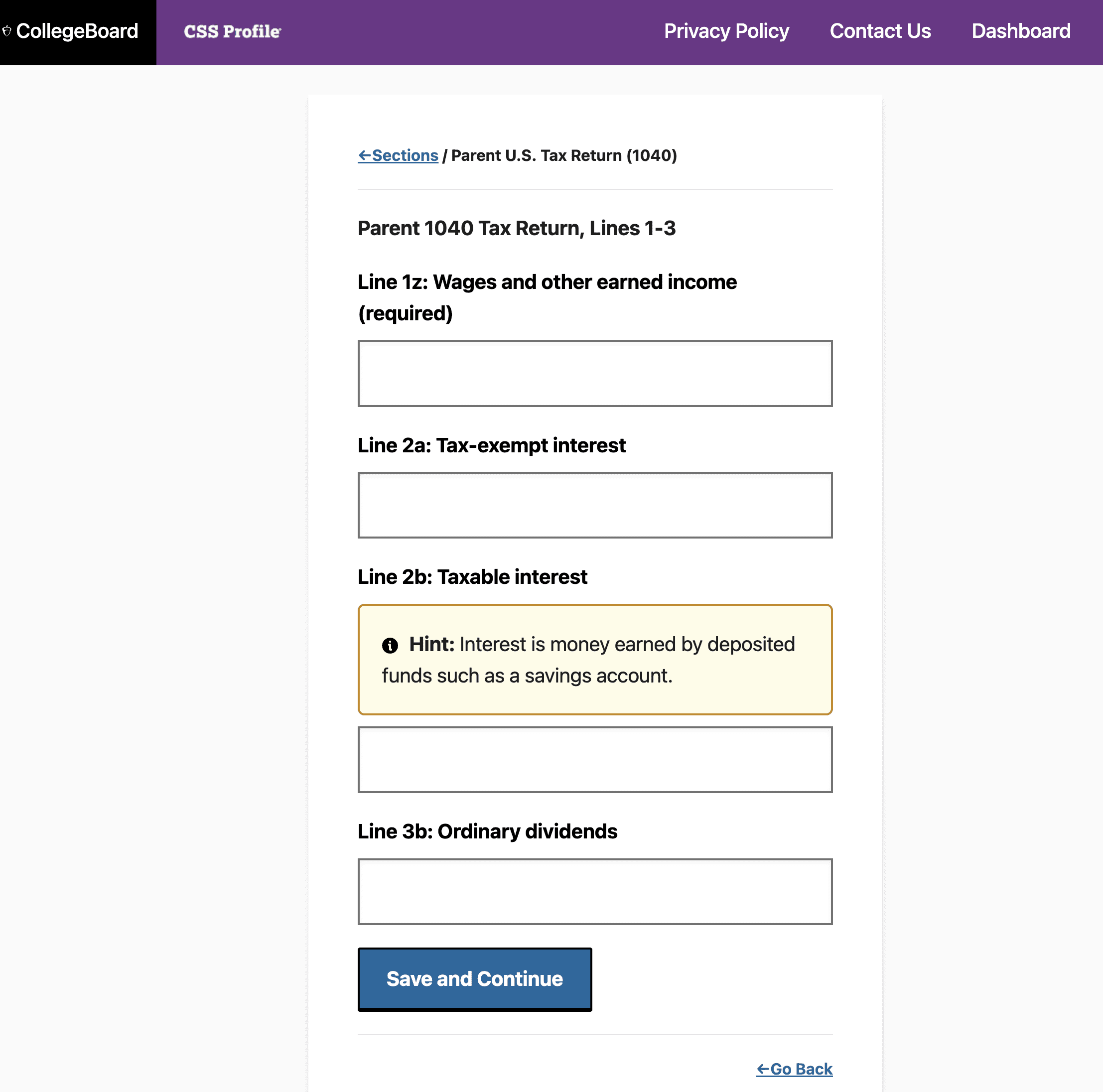 CSS Profile Screenshot of required question